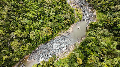 Aerial view of rainforest canopy and river corridor in Ranomafana National Park, Madagascar