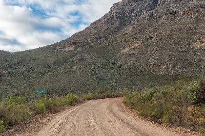 Uitkyk Pass road sign beside the gravel mountain pass near Algeria in the Cederberg.