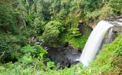 Elevated side view of Zillie Falls cascading into a rocky rainforest gorge, surrounded by dense green vegetation in Queensland, Australia.