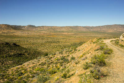 Gravel mountain pass road above the arid scrubland valleys of Namaqualand, South Africa.