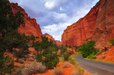 Burr Trail Road curves between towering red sandstone walls and desert vegetation beneath dramatic clouds in Long Canyon.