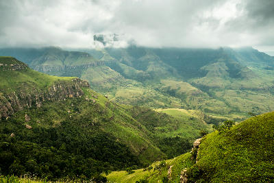 Misty mountain landscape with forested valleys and rolling green hills in the Drakensberg Mountains of South Africa.