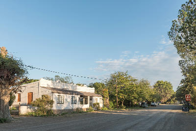 Early morning view of the Owl House visitor centre in Nieu-Bethesda, Eastern Cape, South Africa.
