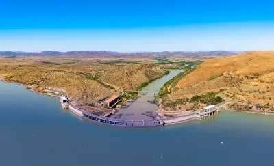 Aerial view of Gariep Dam, the Orange River and the surrounding Karoo landscape in South Africa.