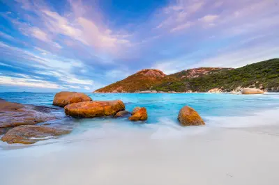 Granite boulders, turquoise water and white sand at Little Beach near Albany, Western Australia.