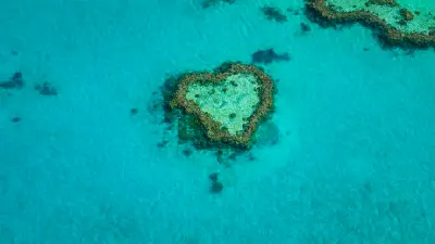 Close aerial view of the naturally heart-shaped Heart Reef in turquoise water on the Great Barrier Reef, Queensland.
