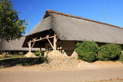 Thatched main reception building at Skukuza Rest Camp in Kruger National Park, South Africa.