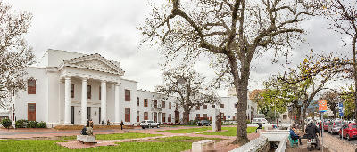 Historic Cape Dutch town hall and streetscape in central Stellenbosch in South Africa