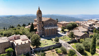 Exterior view of Montalcino Cathedral in Montalcino, Italy.