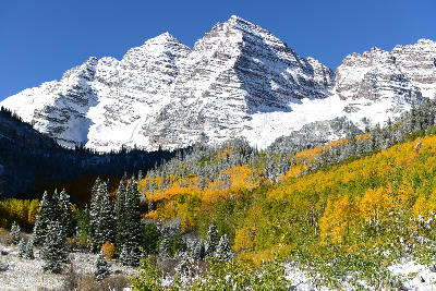 Maroon Bells early snow autumn aspens Aspen Colorado