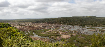 Elevated view of the Olifants River and rocky floodplain below Olifants Rest Camp in Kruger National Park, South Africa.