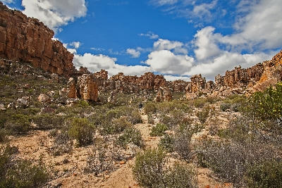 Sandstone rock formations and narrow walking trails at Truitjieskraal in the Cederberg Mountains, South Africa.