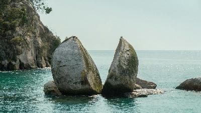 Split Apple Rock sea stack in Tasman Bay near Abel Tasman National Park, New Zealand.