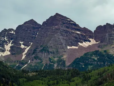 Maroon Bells mountain peaks without reflection near Maroon Lake in Aspen Colorado