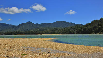 Low-tide sand flats and turquoise water at Awaroa Inlet in Abel Tasman National Park, New Zealand.