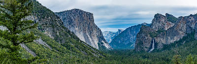 Lower Yosemite Falls cascading beside granite cliffs in Yosemite Valley, Yosemite National Park, California.