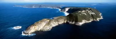 Aerial view of Bald Head, rugged coastal headlands and beaches surrounded by the Southern Ocean near Albany, Western Australia.