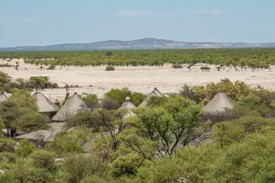 View from a safari camp overlooking woodland, salt-pan plains, and distant hills in Etosha National Park, Namibia.