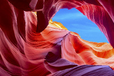 Upper Antelope Canyon swirling sandstone formations with sky opening above, Page, Arizona, USA