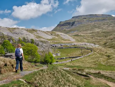 A lone walker follows the path through Crina Bottom towards the broad summit of Ingleborough, passing limestone slopes and dry-stone walls in the Yorkshire Dales National Park, England.