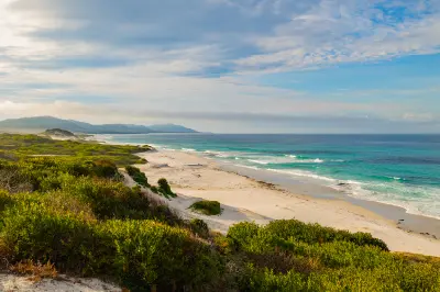 Long white-sand shoreline at Friendly Beaches with turquoise waves, coastal vegetation and hazy hills extending into the distance, Tasmania.