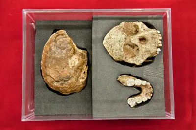 Reconstructed Taung Child skull fossil displayed in a museum case, North West Province, South Africa.