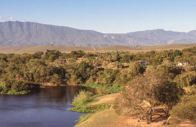 Breede River flowing through Bontebok National Park with the Langeberg range in the background near Swellendam, South Africa.