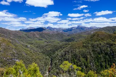 Panoramic view toward Frenchmans Cap from Donaghys Hill in western Tasmania.