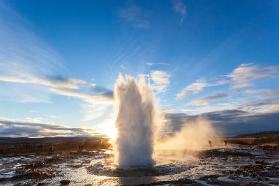 Strokkur geyser erupting in the Geysir geothermal area along the Golden Circle route in Iceland.