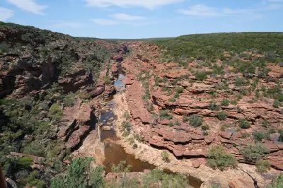 View from Z Bend Lookout across the rugged sandstone gorge and Murchison River in Kalbarri National Park, Western Australia.