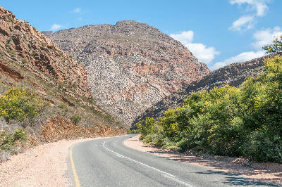 Scenic road through the red sandstone canyon of Meiringspoort in the Swartberg Mountains of South Africa with layered cliffs and roadside vegetation.