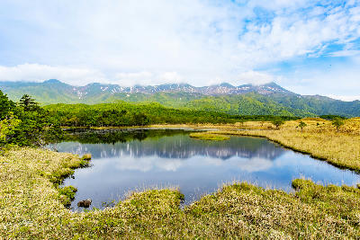 Lake with marsh grasses reflecting mountains at Shiretoko Five Lakes, Hokkaido