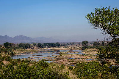 View of the Crocodile River in southern Kruger National Park with river channels, bushveld vegetation and distant mountains under a clear sky.
