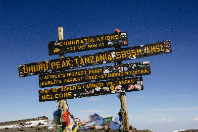 Uhuru Peak summit sign at 5,895 metres on Mount Kilimanjaro, Tanzania.