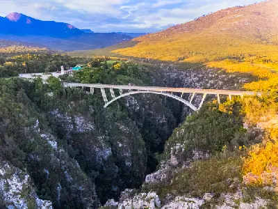 Drone view of the Storms River Bridge crossing the deep Storms River Gorge in the Tsitsikamma region of South Africa.