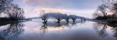 Row of willow trees reflected in calm water at Glenorchy with jetty and misty mountains in winter, South Island, New Zealand.
