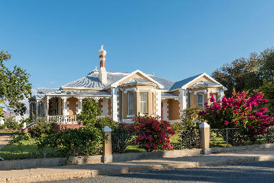 Historic Cape Karoo house and garden in Prince Albert beneath the Swartberg Mountains in South Africa.