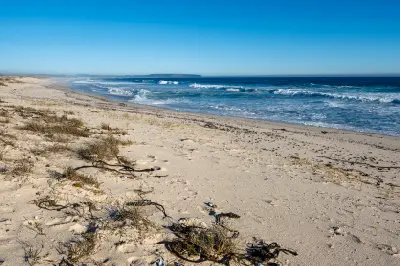 Sandy beach and Atlantic waves near Elands Bay on South Africa's West Coast, with coastal dunes, shoreline vegetation and distant views along the coastline.