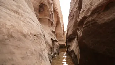 Shallow water fills a narrow passage between smooth, sculpted sandstone walls in the Peek-a-Boo and Spooky slot canyon area.