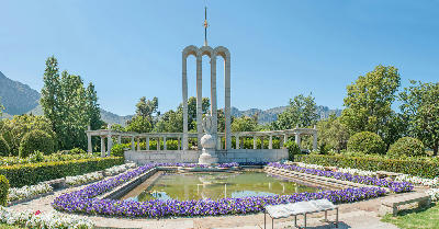 Huguenot Monument with reflecting pool and landscaped gardens in Franschhoek in the Western Cape of South Africa.