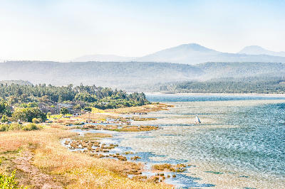 View across Swartvlei Lake near Sedgefield with reed beds, waterfront homes and the Outeniqua Mountains beyond.