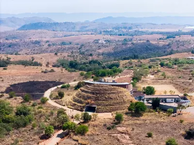 Aerial view of the Maropeng Visitor Centre in the Cradle of Humankind World Heritage Site, Gauteng, South Africa.