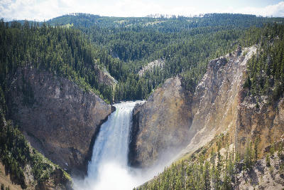 Upper Falls of the Yellowstone River centered between canyon walls with forested plateau above
