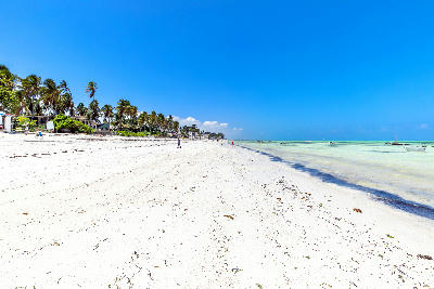 Jambiani Beach with white sand, palm-lined shore, traditional boats, and clear turquoise Indian Ocean, Zanzibar, Tanzania.