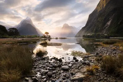 Sunset reflections beneath Mitre Peak, Milford Sound