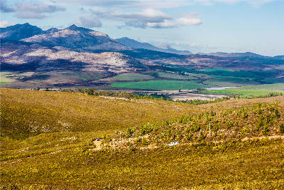 Rolling fynbos hills, farmland, and mountain ridges viewed from the Overberg Highlands near Cape Town, South Africa.