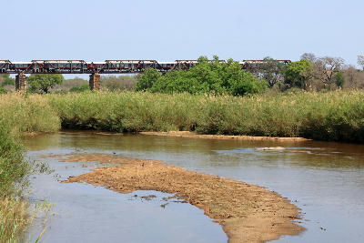 Historic Selati Railway Bridge spanning the Sabie River beside Skukuza Rest Camp in Kruger National Park, South Africa.