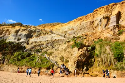 Gibson Steps descending the limestone cliffs to the beach in Port Campbell National Park, Victoria, Australia.