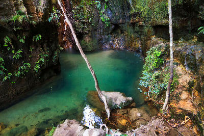 Emerald canyon pool surrounded by sandstone walls in Isalo National Park, Madagascar