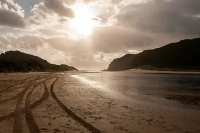 Aire River estuary flowing between sandy banks and forested coastal hills toward the Southern Ocean in Great Otway National Park, Victoria.